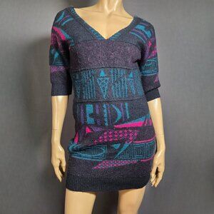 Vintage 80s Abstract Sweater Mini Dress Size S New Wave Gray Teal Pink V Neck